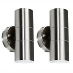 Pair of - Modern Brushed Chrome Outdoor Garden Up/Down Security Wall Lights - IP44 Rated - Complete with 5w GU10 LED Bulbs [3000K Warm White]