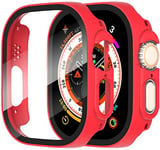 Diruite 2 Pièces Coque pour Apple Watch Ultra/Ultra 2 49mm Protection Écran Dur PC Matériel Ultra Mince Verre Trempé Écran Case,Rouge,49mm