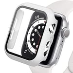 Protection d'Écran Compatible pour Apple Watch Case 45mm 44mm 42mm 41mm 40mm 38mm, Hard Pc Case avec Protection d'Écran HD en Verre Trempé pour Iwatch Series 9 8 7 6 Se 5 4 3 2 1, Blanc, 44mm