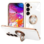 EYZUTAK Electroplated Magnetic Ring Holder Case for Samsung Galaxy A14 5G, 360 Degree with Rotation Metal Anti-Drop Finger Ring Holder Magnet Car Holder Soft Slim Silicone Shockproof Cover - White