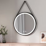 Emke - Miroir lumineux salle de bain rond diamètre 70cm cadre noir avec lanière réglable, Miroir led rond avec Interrupteur Tactile, Miroir avec