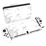 PlayVital Full Set Protective Stickers for Nintendo Switch OLED Model, Customized Vinyl Decal Skins for Switch OLED Console & Joycon & Dock & Grip - Seamless White Marble