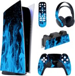 Kit De Autocollants Skin Decal Pour Ps5 Sticker Vinyle Pour Ps5 Console&manette&station De Charge&casque&télécommande Média-Édition Numérique-Flamme Bleue