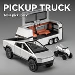 1/32 Tesla Cybertruck med Touring Car RV Caravan Diecast Leksaksmodell i Metall Miniatyrmodell Drag tillbaka Ljud Ljus Samling Present Pojke Silver