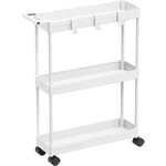 pleHouseware 3-Tier Slim Rolling Cart med handtag och krokar för badrum, tvättstuga och kök, vit vit