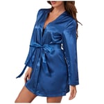 KOOBK Robe De Chambre Femme Sexy,Femmes Pyjamas Sexy Satin À Manches Longues Vêtements De Nuit Robe avec Ceinture Peignoir sous-Vêtements De Nuit Babydoll Vêtements De Nuit Pyjamas Cadeau, Bleu, S