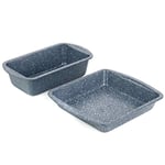 Russell Hobbs COMBO-5441 Non-Stick Loaf Tin & Square Pan Set, Carbon Steel Oven Trays Cake Tins With Handles, Easy Clean, For Baking Cakes/Bread/Brownies, Nightfall Stone Collection, Blue Marble