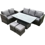 Extérieur en rotin ensemble salon de jardin hauteur réglable table de levage ensemble canapé décontracté Love Sofa 2 petit repose-pieds gris foncé