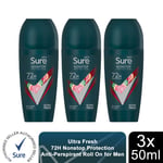 Sure Men Antiperspirant Deodorant Roll On 72H Nonstop Protection 50ml, 3 Pack