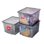 Iris Ohyama, Boite de Rangement Polyvalente, 30L, Lot de 3, Gris, Fermeture Facile, Empilables, en Plastique Transparent, pour Dressing, Étagères, Garage, Organisation, Vêtements, Linges, USB-M