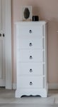 Romance Tallboy 5 Drawer True White Narrow Chest of Drawers ASSEMBLED