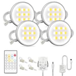 MYPLUS White Led Under Cabinet Lighting, 4 Packs Puck Lights with Remote Controller,Dimmable,Timed,Warm and Daylight Changeable, Led Counter Light for Kitchen Cabinet,Counter,Shelf