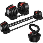 Yaheetech Haltères Musculation Réglables 2 en 1/3 en 1, 18 kg/24 kg/40 kg, Ensemble d'haltères, Kettlebell, Haltères Musculation Longs, avec Disque pour Musculation, Fitness, Domicile, Gym