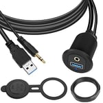 QIANRENON USB3.0 & 3.5mm Audio Filetée Fixation Embarqué Voiture étanche Câble 5Gbps TRS 3.5mm & USB3.0 Bord Tableau Panneau Montage Extension Câble, LED,Al boîtier,pour Voiture Bateaux Moto,2m/6.5ft