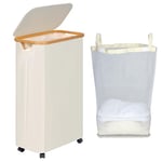 efluky Panier à Linge sur Roues, Panier à Linge étroit 75L avec couvercle, Panier à Linge Pliable avec Poignées en Bambou et sac Amovible pour la Chambre, la Salle de Bain, la Buanderie