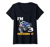 Womens American Flag Truck 3 Years Old Boys Im 3 And Crushing It V-Neck T-Shirt