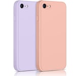 Yisica 2 Pack Silicone Coque Compatible pour iPhone SE 2020 / iPhone 8 / iPhone 7 / iPhone SE 2022, Silicone Coque avec Doublure en Microfibre Douce Protection Complète 4,7", Rose/Herbe Pourpre