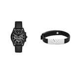 EMPORIO ARMANI Men's Watch Black Leather and Bracelet Silver Stainless Steel, Set