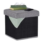 Relaxdays Tabouret Rangement, rembourré, Pliable, Bambou, Tissu, HxLxP : 36 x 35 x 35 cm, Repose-Pieds, Noir-Gris