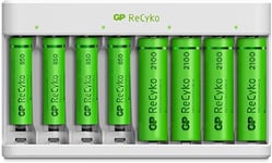 GP Laddare för 8 batterier med 4-pack AA 2100mAh och 4-pack AAA 850mAh NiMH-batterier | GP Recyko | Lätt USB-driven AA och AAA batteriladdare - Smarta