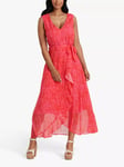 South Beach Chiffon V-Neck Frill Wrap Midi Dress, Red/Pink