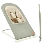 BÉABA, Transat Bébé Pliable, 3 inclinaisons en 1 Bouton, Ultra Compact et Fin, Harnais 5 Points, Système Pliage Breveté, 100% Coton, Jusqu'à 15kg, Housse Transport Incluse, Eazy Relax - Lichen