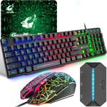 Ensemble Clavier Souris Gaming avec Mini Adaptateur,QWERTZ Layout Clavier Rétroéclairé Coloré LED Filaire Souris 6 Boutons 2400DPI Tapis de Souris,Compatible avec Windows Mac PS4 Xbox Switch,Noir