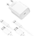 Chargeur Rapide 20w + 2 Cables Usb-C Lightning Pour Iphone 13 / 12 / 11 / Pro / Mini / Max