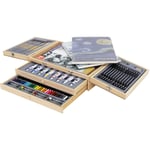 Ecd Germany - Coffret de Peinture 85 Pièces avec Chevalet en Bois Integré, 2 Tiroirs, 3 Blocs à Dessin A4, Pinceaux, Crayons de Couleur, Peinture