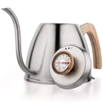 Luxbe - Gooseneck Swan Pour-Over Coffee Teapot Kettle - 40oz 1200ml 4-5 Cups - Hand Drip-Less Adjustable Temperature Control - Stove-Top Heat-Resistant - Water Boiler with Thermometer - Beech Handle