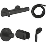 GROHE Start Shower Installation Set (Exposed Shower Thermostat, Shower Hose 1.5 m, 2 Spray Hand Shower 10 cm, Wall Holder, Robe Hook), Matt Black