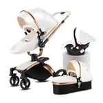 Magic ZC PU Leather 3 in 1 Pushchair Pram Travel System, Baby Stroller 3 in 1 with 360° Rotatable Seat, Newborn Infant Buggy with Aluminum Frame, Toddler Carriage with One-Click Folding (906 White-1)