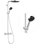 hansgrohe Pulsify S Puro - Colonne de douche avec mitigeur thermostatique, douche pluie (260mm) avec robinet, douchette (3 jets), support, flexible, barre et douche de tête ronde, Chromé, 24236000