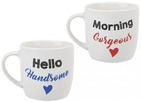 Assorted Design Stoneware Love Mugs - 10 oz (Pack of 2) - Assorted Designs Morning Gorgeous & Hello Handsome - Quality & Stylish Design