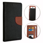 Microsoft Lumia 435 Etui Housse Folio Noir Et Marron Façon Cuir Texturé Avec Porte Cartes Et Surpiqûres Apparentes By Ph26®