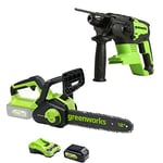 Greenworks 24V brushless Chainsaw, 2J Hammer Drill with 4Ah Battery/Charger