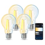 Aigostar Edison Ampoule Connectée WiFi E27 6W Ampoules Vintage Intelligente LED A60 Ampoule Alexa Retro, Compatible avec Alexa et Google Home, Ampoule WiFi Dimmable 2700K-6500K, Transparent 4 Unités