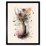 Spring Wildflower Floral Bouquet in a Wine Bottle Art Print Framed Poster Wall Decor 12x16 inch