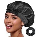 Golden Star Beauty Silk Bonnet Sleeping Cap For Women, Made of Real 100% Mulberry Silk, Soft and Easy to Use, Breathable & Adjustable Sleep Caps, Fine Hair Wrap - Night Head Cap for Curly Hair (Black)