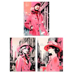 Artery8 Set of 3 Pink Downtown Women Watercolour Artworks Winter Retro Fashion Unframed Wall Art Living Room Poster Prints Pack