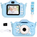 Appareil Photo pour Enfants, Caméra Vidéo HD 1080P Numériques avec Étui en Silicone Dessin Animé, Appareils Photo pour Tout-Petit, Cadeau pour Filles Garçons 3 à 12, Carte SD 32 G Incluse(Bleu)