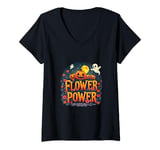 Womens Flower Power Halloween Hippie Floral 1960's Pumpkin Ghost V-Neck T-Shirt