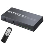 HDMI Switch, JiGiU HDMI 2.0 Switcher 4 Input 1 Output with Remote Control Supports 4K@60hz HDR HDMI Audio Splitterfor PS3 PS4 DVD PC STB Roku TV fire stick(Not include Power adapter)
