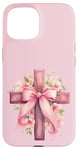 Coque pour iPhone 15 Pink Christian Cross Graphic For Women Girl Wildflower Cross