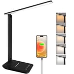 joyshie Lampe de Bureau LED, Pliable Lampe de Chevet Dimmable avec 5 Modes de Couleur et 5 Niveaux de Luminosité, Port de Charge USB, Pour Lecture Travail (Noir)