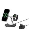 Belkin BoostCharge Station de Recharge 3-en-1 avec Qi2 (Chargeur MagSafe Compatible pour Tous Les modèles de l'iPhone 16, Apple Watch, AirPods, Base antidérapante, Adaptateur Secteur Inclus, Noir)