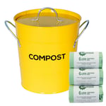 Yellow Compost Caddy & 150x 6L Compostable Bags - Kitchen Compost Bin-Metal Pail