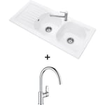 Evier cuisine 2 bacs céramique Villeroy et Boch Nestor Plus - Blanc - Mitigeur cuisine bec haut Grohe Bauloop