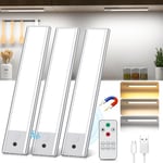 Lampe de Placard [3Piece], Lampe Détecteur de Mouvement Interieur Sans Fil avec Télécommande, Réglette LED Cuisine Luminosité Réglable, Éclairage à LED étude de Cuisine Veilleuse Couloir Escalier