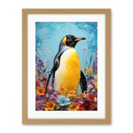 Artery8 King Penguin in Colourful Floral Flowers Nest Thick Paint Oil Painting Yellow Black Blue Colourful Artwork Framed Wall Art Print 18X24 Inch